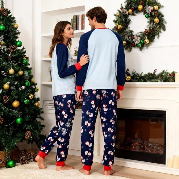 Matching Christmas Pajama Set Snowman Santa Print Long Sleeve Sleepwear - Picture 3 of 4